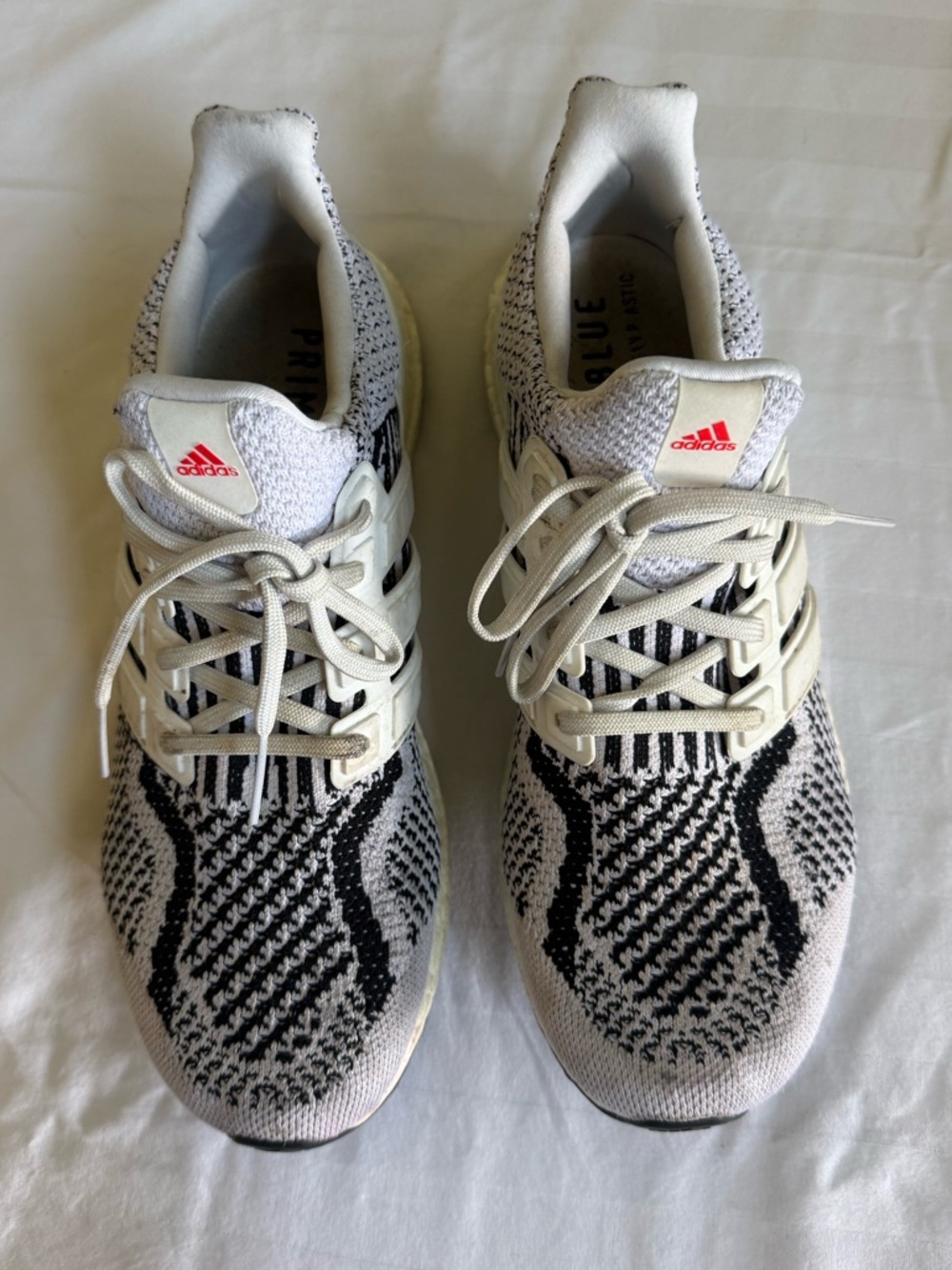 adidas Ultraboost 5.0 DNA Zebra White, Black & Red Knit Running Shoes Size 9 1/2
